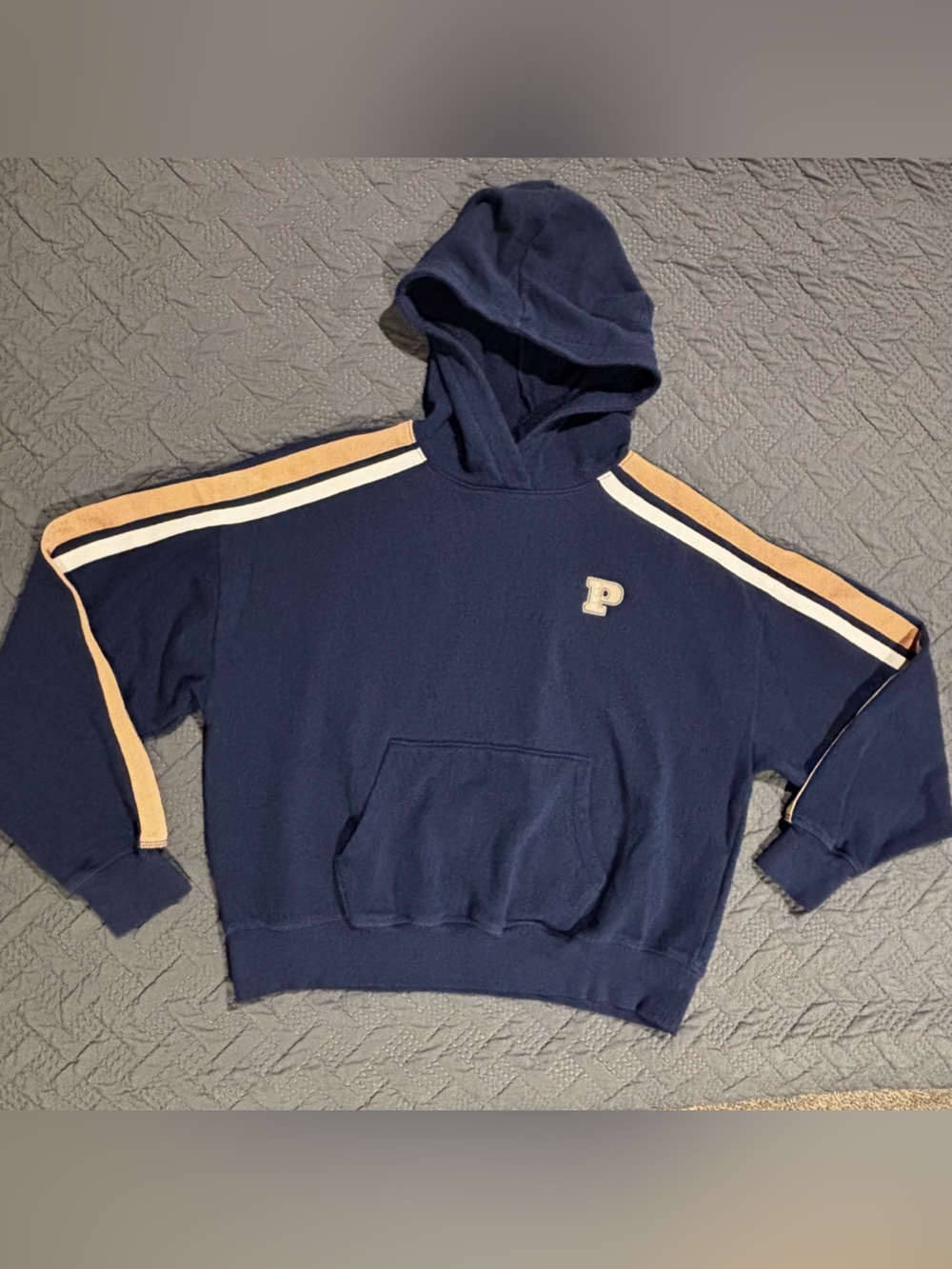 PINK Victoria's Secret Cropped Navy Hooded Sweatshirt with Cream and Tan Stripes